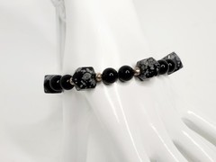 Vintage Black and Snowflake Round & Hexagonal Barrel Obsidian Bead Bracelet