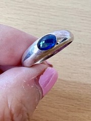 VINTAGE BLUE SPINEL CABOCHON FLUSH SET GYPSY STYLE RING 925 STERLING SILVER