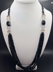 Vintage Black / Clear Crystal Bead Strand Necklace Art Deco Style 29in.