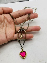 Vintage Boho Quirky Love Bird Dove Pink Photo Heart Locket Statement Necklace