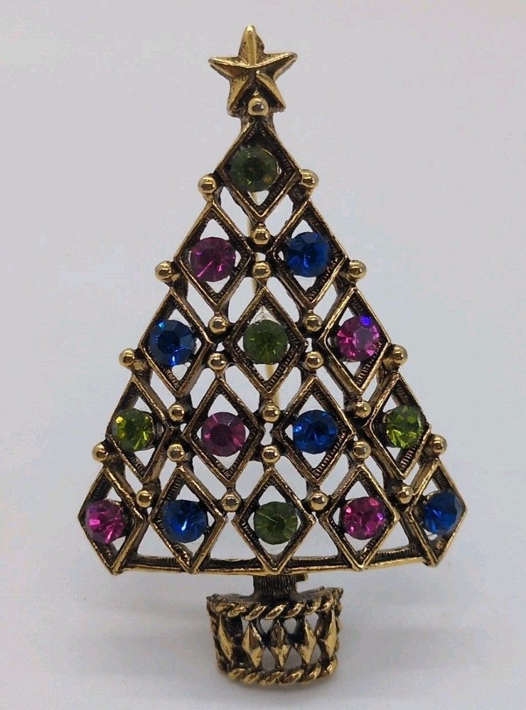 Hedy Christmas Tree Brooch Pin Multicolored Round Rhinestones Antique Gold Tone