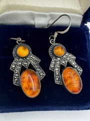 Vintage BOMA signed Baltic Amber Marcasite Sterling Earrings One Hook Beautiful