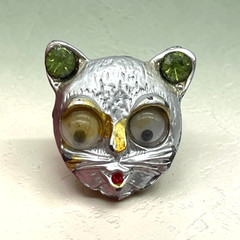 VTG MCM Google Eyes Rhinestone Silver-tone Funny Cartoon Cat Face pin