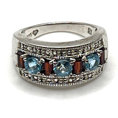 VTG Ring Sz 7 Blue Topaz Garnet Diamond Chips Channel Signed Sterling 925 Tested