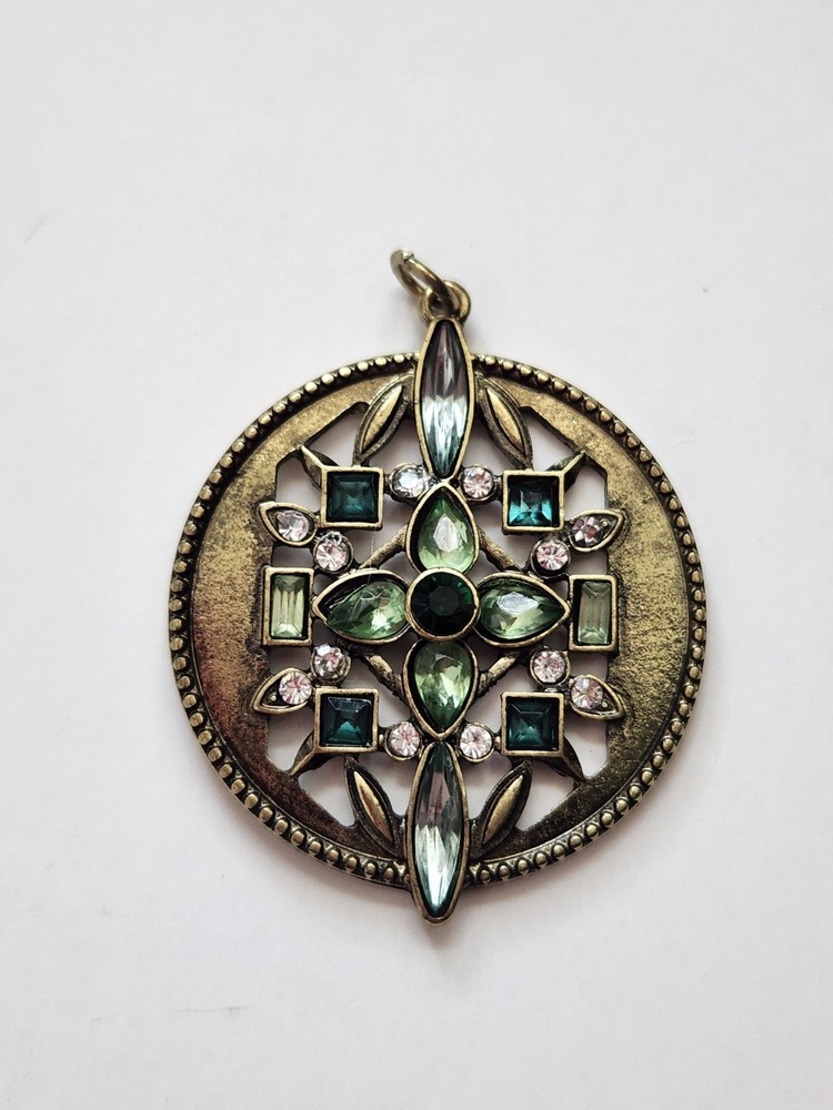 Art Nouveau Art Deco Style Pendant Green & Gold Tone Cross