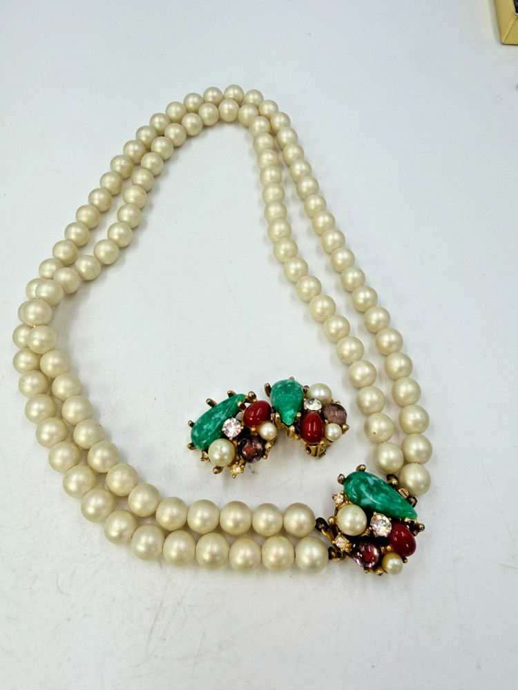 Vintage Necklace ART Signed Clip Earrings Simulated Pearl Beads Lot Matching PJ