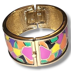 Erwin Pearl Colorful Enamel Mosaic Hinged Bangle Bracelet Gold Tone Wide