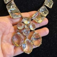J Crew Bib Statement Necklace Clear Glass Prong Rhinestones Square Oval Round