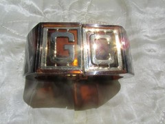 Vintage Lucite Clamper Bracelet GC Initials Brown 6.5″ Gold Plated Statement