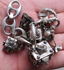 Vintage Etruscan 800 Silver Charm Bracelet With Fob Charms Ornate 7.5″ Coral