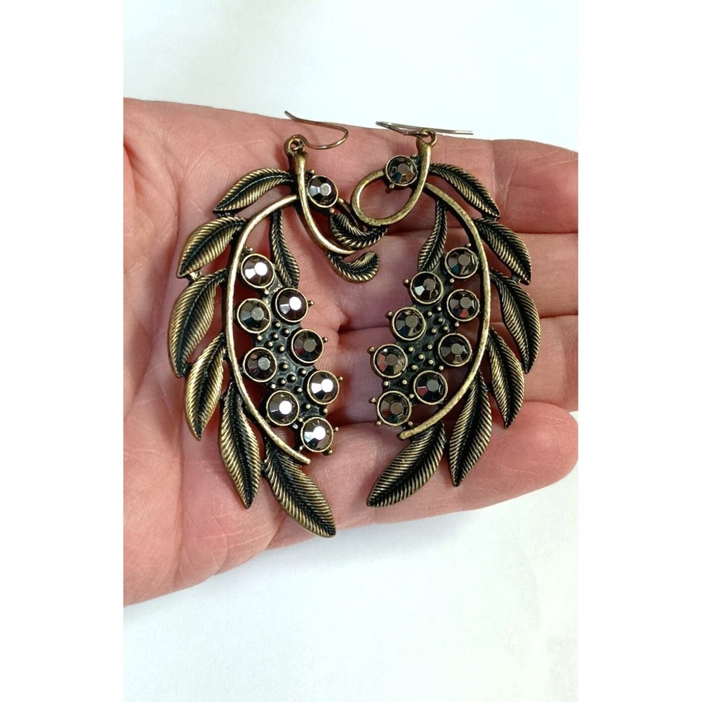 Vintage Bronze Leaf Hook Earrings Marcasite Stones- Boho Chic Statement Jewelry