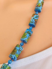 Vintage Blue Polymer Clay Barrel Beads Butterfly Floral Printed Design Necklace