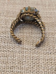 Vintage Bronze Adjustable Ring With Turquoise Stone & Ornate Scrollwork Design