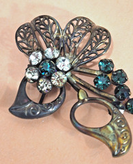 Art Deco Revival Brass Filigree Pin Open back Green Rhinestones Czech style