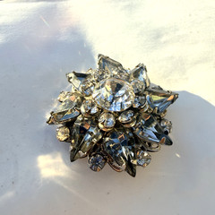 Vintage Miriam Haskell Signed Rhinestone Starburst Brooch Smoky Gray Navette Mid
