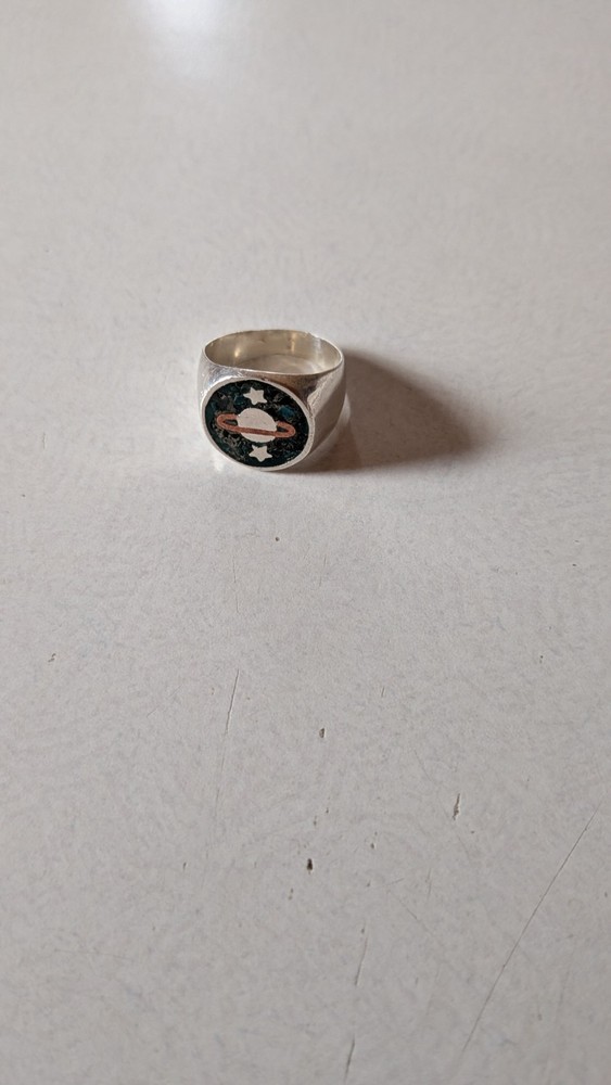 925 Sterling 2-Tone Vintage Mexico Real Azurite Inlay Saturn Ring Size 10.5
