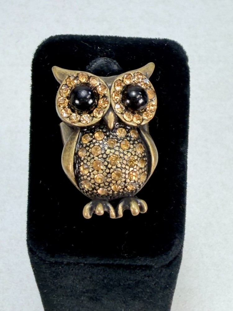 Vintage Style Owl Cocktail Ring Amber Rhinestones Bronze Tone Statement Adjust