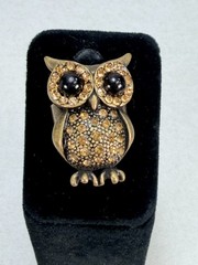 Vintage Style Owl Cocktail Ring Amber Rhinestones Bronze Tone Statement Adjust