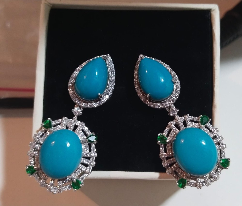 Oval & Pear Cut Natural Turquoise & Emerald Dangle Earring 14K Rose Gold Plated