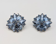 Blue Navette Rhinestone Bar Brooch And Clip On Earrings Open Back