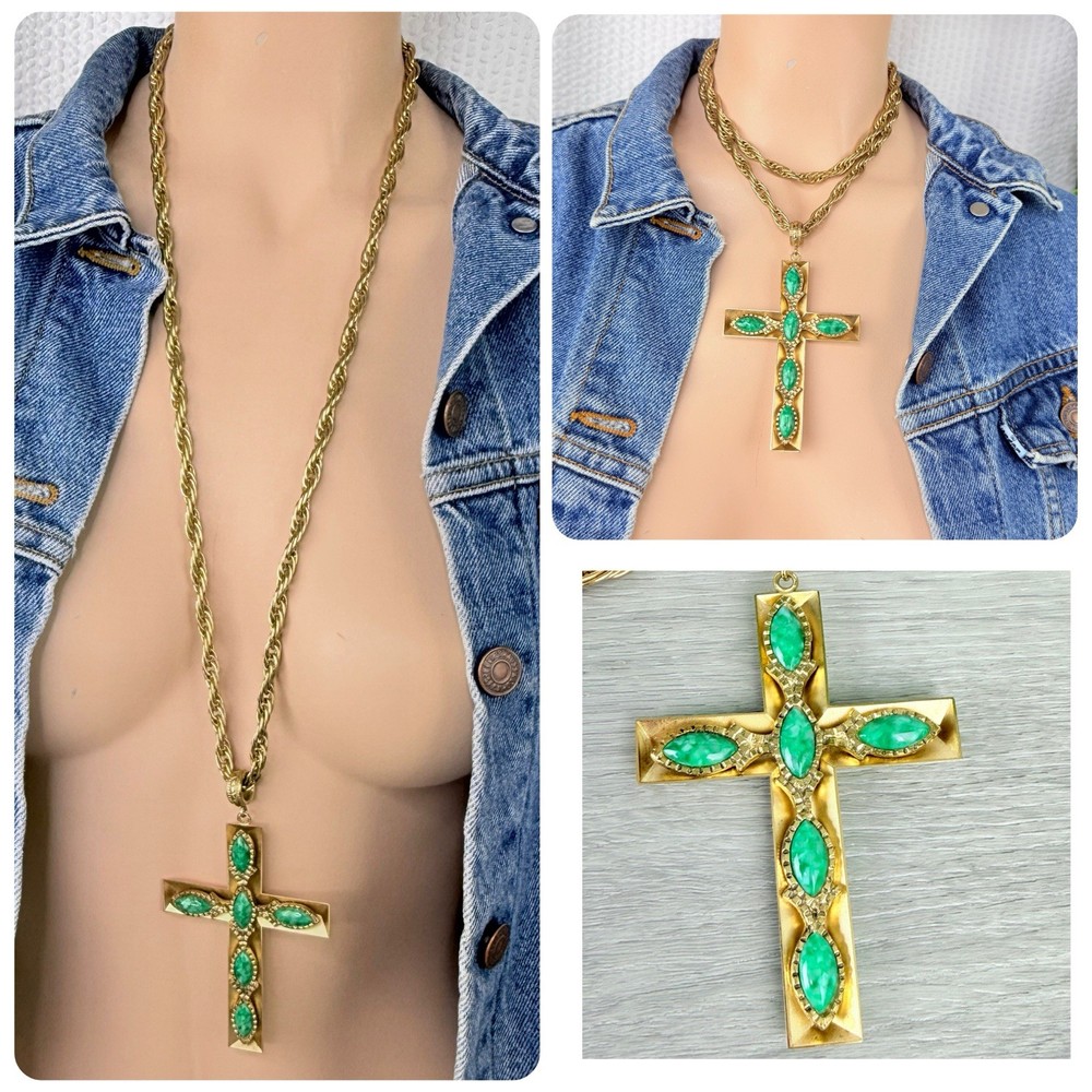 Vintage Whiting Davis Gold Tone Chunky Cross Faux Stones Long Pendant Necklace