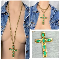 Vintage Whiting Davis Gold Tone Chunky Cross Faux Stones Long Pendant Necklace