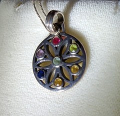 VINTAGE FLOWER OF LIFE .75″ DAIM 925 STERLING SILVER PENDANT GEMSTONES 18″ CHAIN