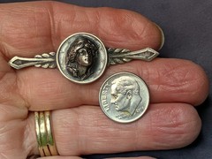 Antique 1920 3D Lady Liberty Repousse US Barber Dime Coin Silver Brooch Pin