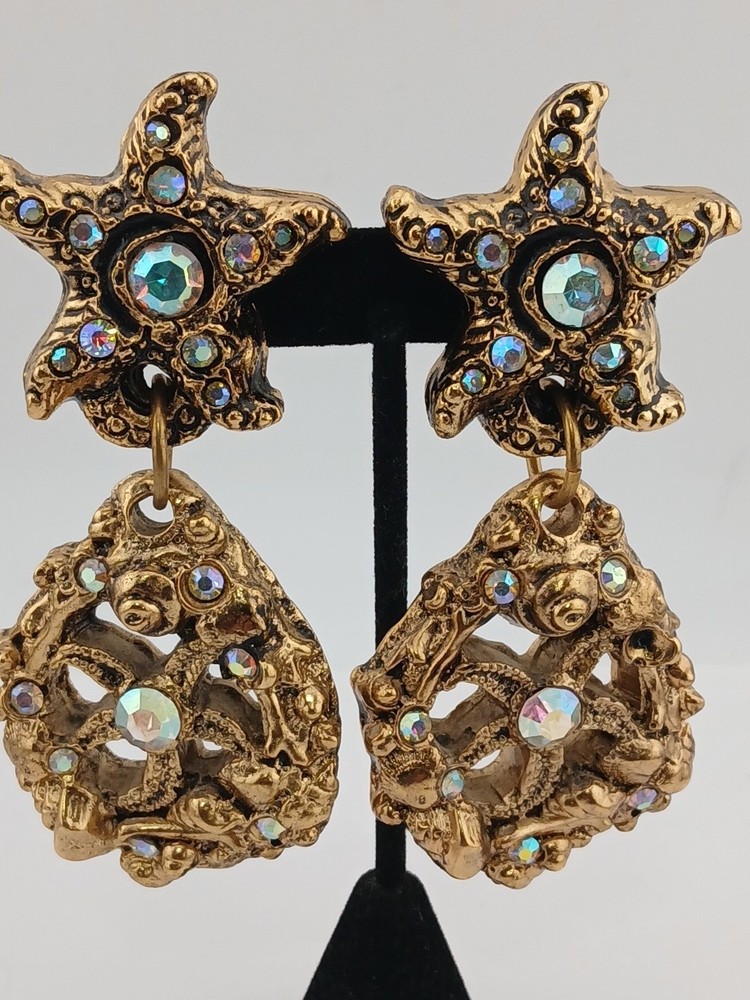 EXTRAORDINARY JACKY DE G Gold Tone AB Stones Starfish dangle clip-on earrings