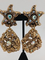 EXTRAORDINARY JACKY DE G Gold Tone AB Stones Starfish dangle clip-on earrings