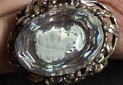 Vtg Reverse Carved Glass Cameo Ring Adjustable Gold Tone Victorian Revival AB