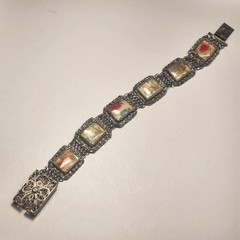 Vintage Swiss Enamel Asian Cities Bracelet – Filigree Silver Metal 7″ Antique
