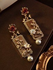 Vintage Floral Drop Earrings Red Rose Pearl Dangle Elegant Art Deco