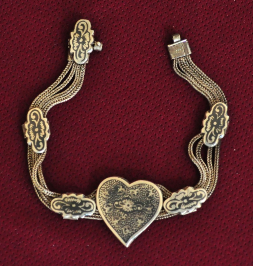 Vintage European Sterling Silver Niello Heart Bracelet – Multi‑Chain, 7″, 20g
