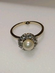 Vintage 14k White Gold White Pearl Diamond Halo Art Deco Edwardian Ring Size 6.5