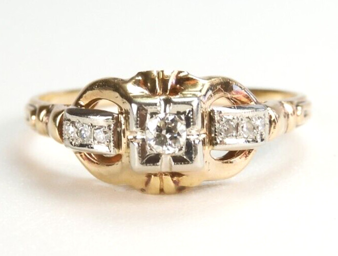 Antique 1920’s Diamond Faith Engagement 14K Two Tone Ring Size 6 UK-L1/2 Deco
