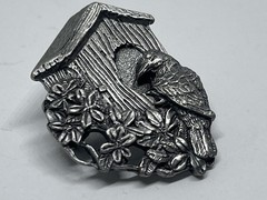 Vintage Birds & Blooms Bird House Brooch Pin in Pewter Limited Edition 1997