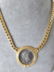 Vintage Replica Roman Coin Bezel Set In Goldtone Rhinestone Accents TAT Necklace