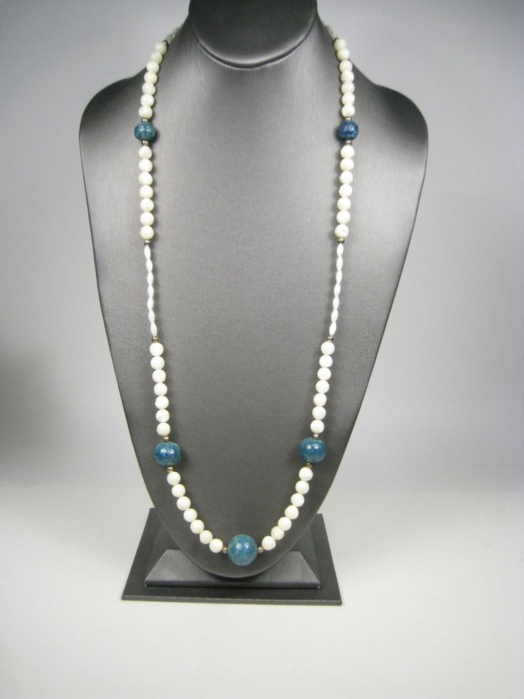 Long Vintage Mother of Pearl Shell Bead Necklace Single Strand Alternating 30 in