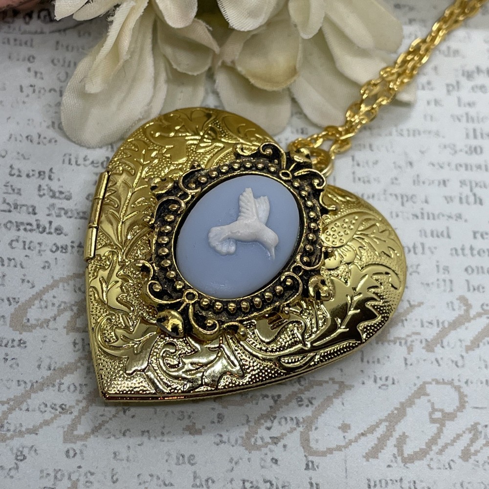 Gold Heart Locket Photo Birthday Anniversary Wedding Hummingbird Blue Necklace