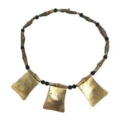 VTG Oriental Bamboo Brass Metal & Wood Beads Statement 14″ Necklace Signed H.LI