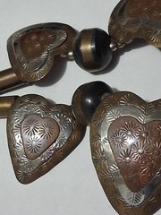 Vintage Hammered Copper And Brass Graduated Hearts/ Beads Statement Necklace