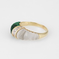 Fluted Rock Crystal Malachite Diamond Dome Ring Vintage 14k Yellow Gold Estate