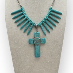 Turquoise Spike Bead & Cross Pendant Necklace – Southwestern Boho Chic Statement
