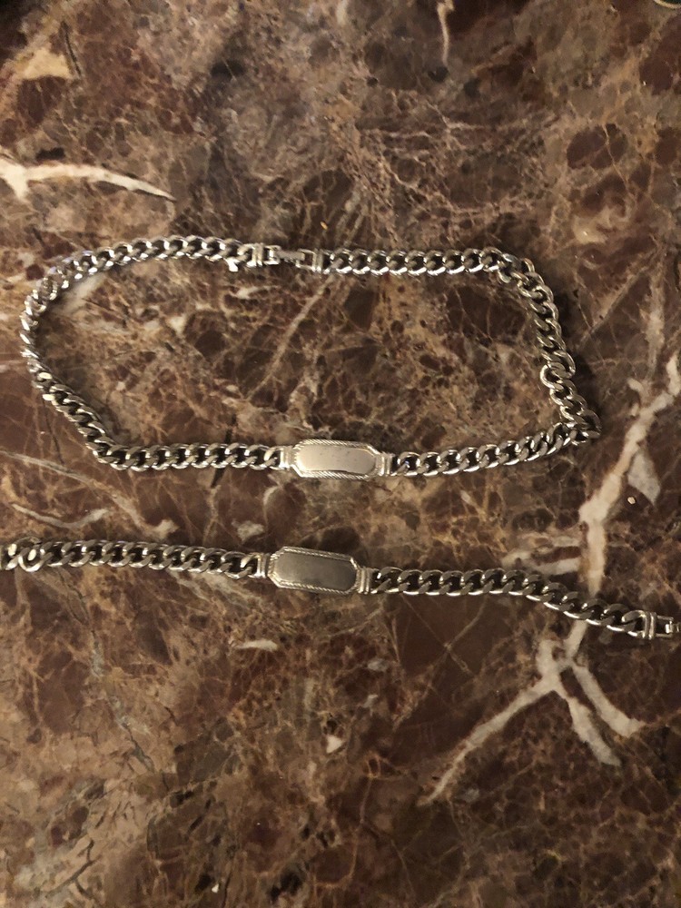 Vintage Silver Jewelry Set- Chain Link And Plate Design- Necklace And Bracelet