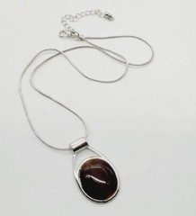 Brown CAT EYE Necklace Silver tone Sliding Pendant Snake Chain Vintage 21 in