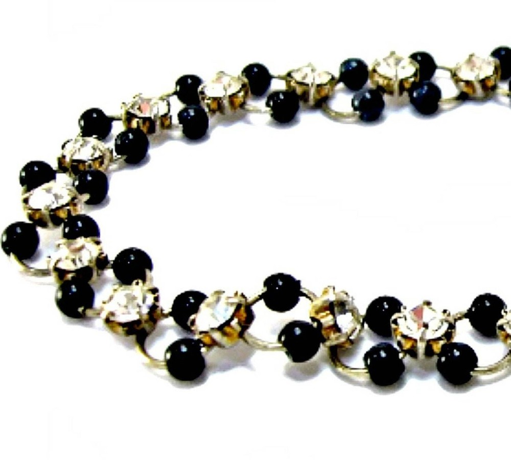 Vintage Tiny Black Bead and Rhinestone Bracelet Circle Links in Silver Tone