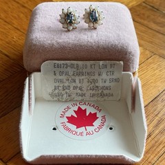 10k Gold London Blue Topaz Earrings with Opal Surround Vintage with Box & Paper