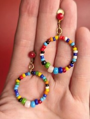 Vintage Dangle Hoop Clip Multicolor Beaded Drop EARRINGS Gold Tone