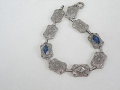 Art Deco Sterling Silver Sapphire Paste Filigree Station Antique Bracelet 7.5″